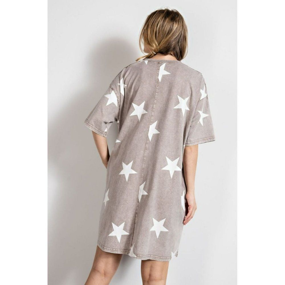 SALE! EASEL Clothing Mushroom Star Print Short Sleeve Dress Mineral Wash ED17082 - Picture 5 of 5